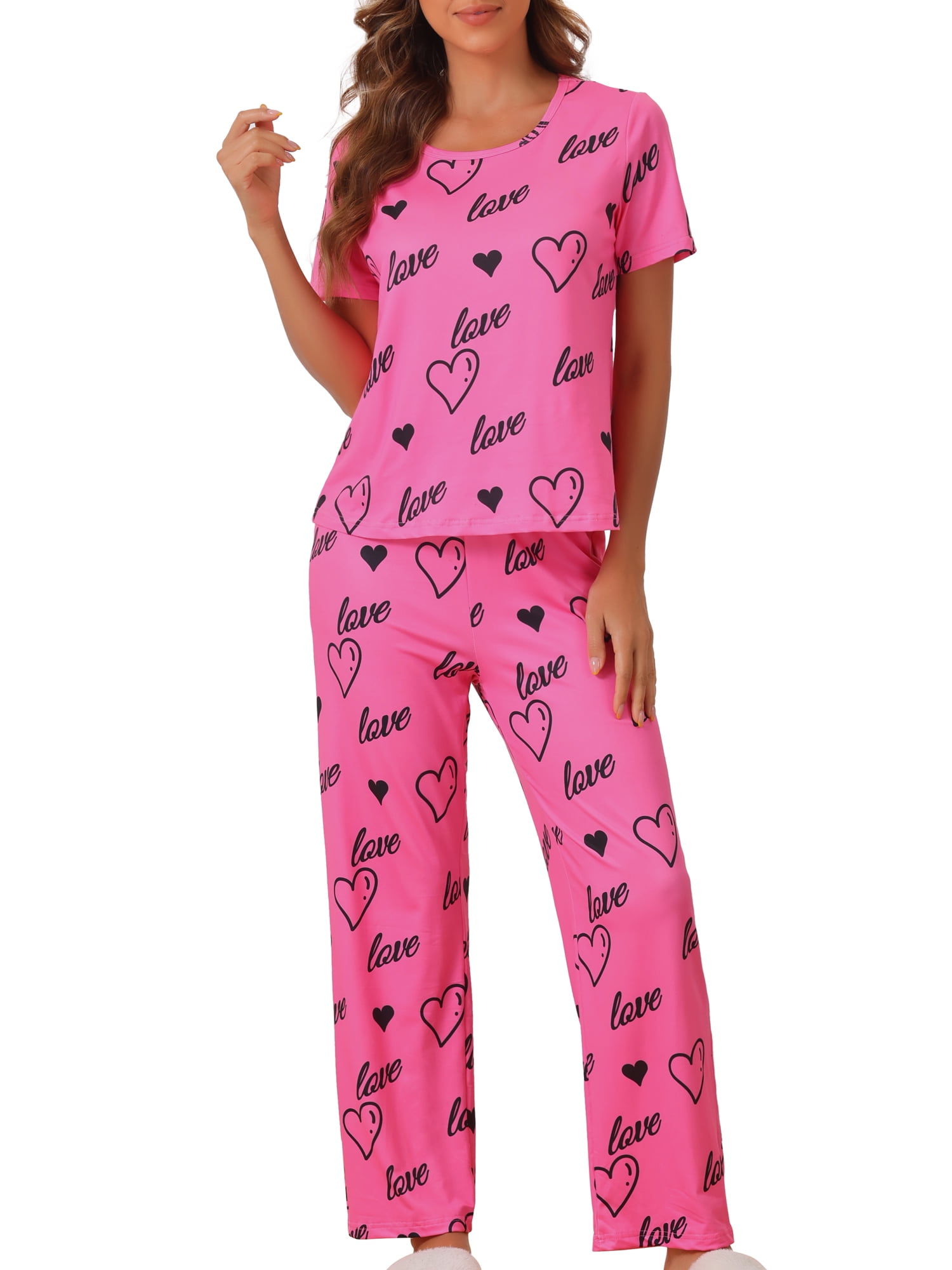 DARING DIVA Women's Short Sleeve Shirt with Long Pant Pajamas Sets L Pink