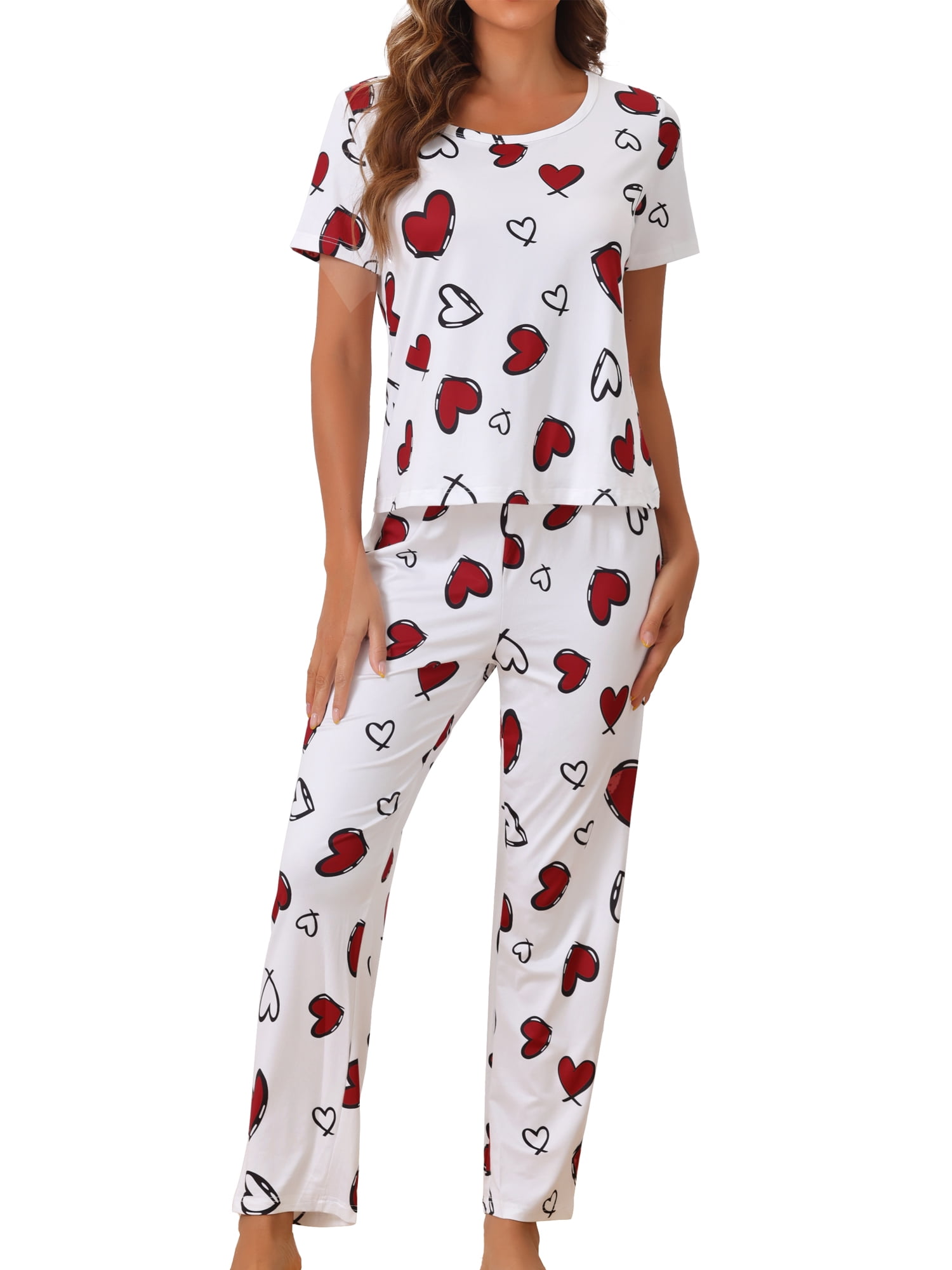 DARING DIVA Women's Short Sleeve Shirt with Long Pant Pajamas Sets S White