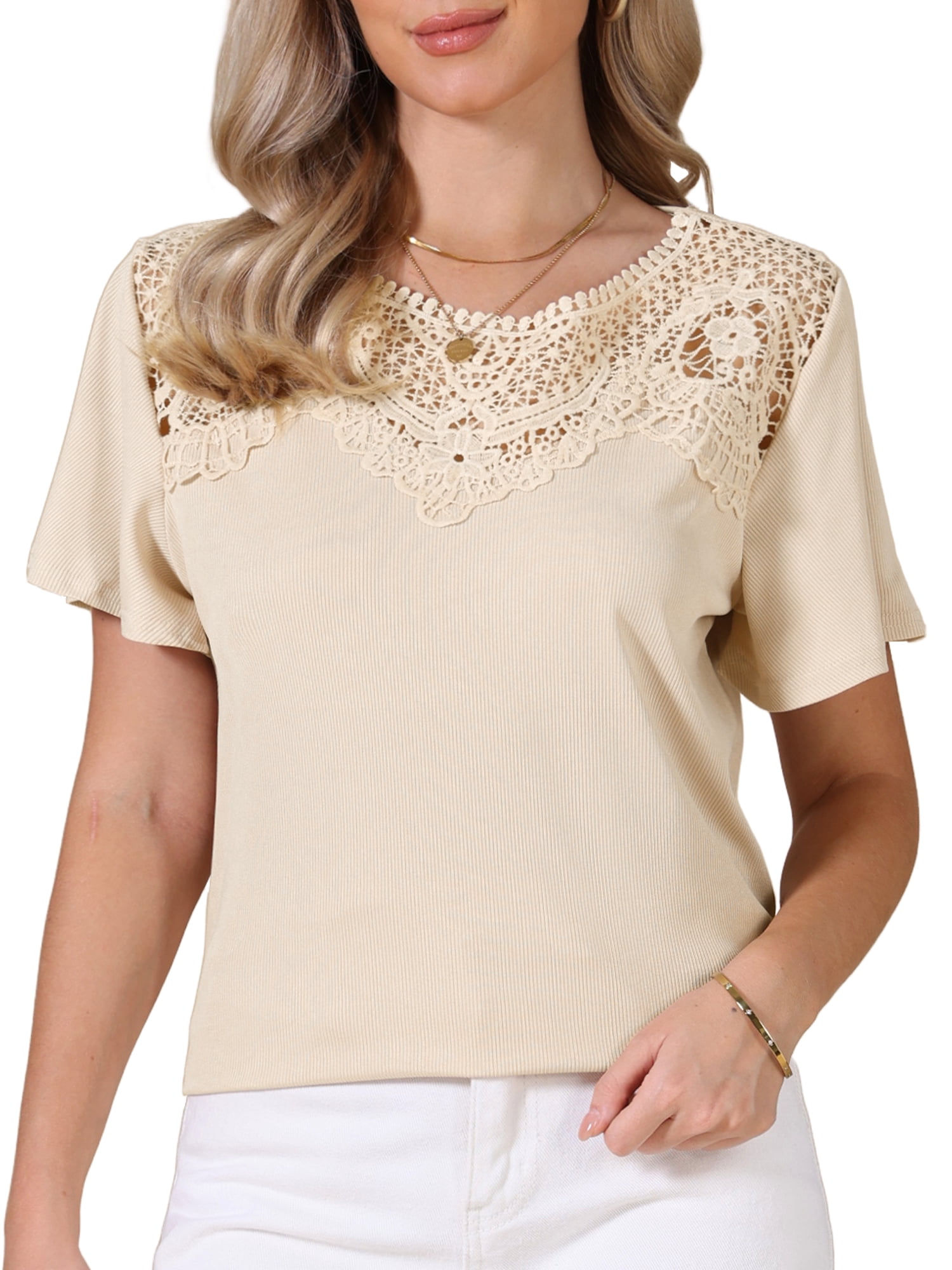 DARING DIVA Women's Short Sleeve Shirts V Neck Dressy Casual Tunic Tops M Apricot