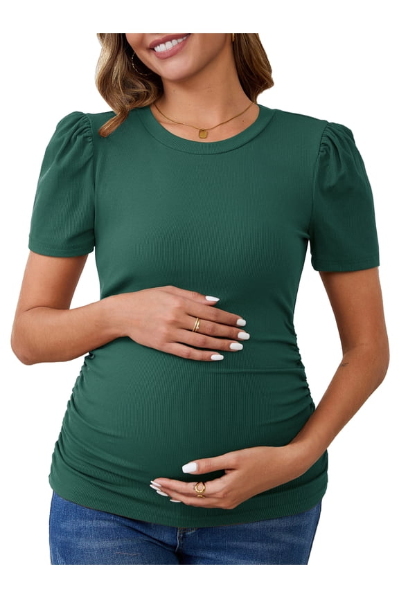 Women's Short Sleeve Side Ruched Knit Puff Maternity Blouses XL Green
