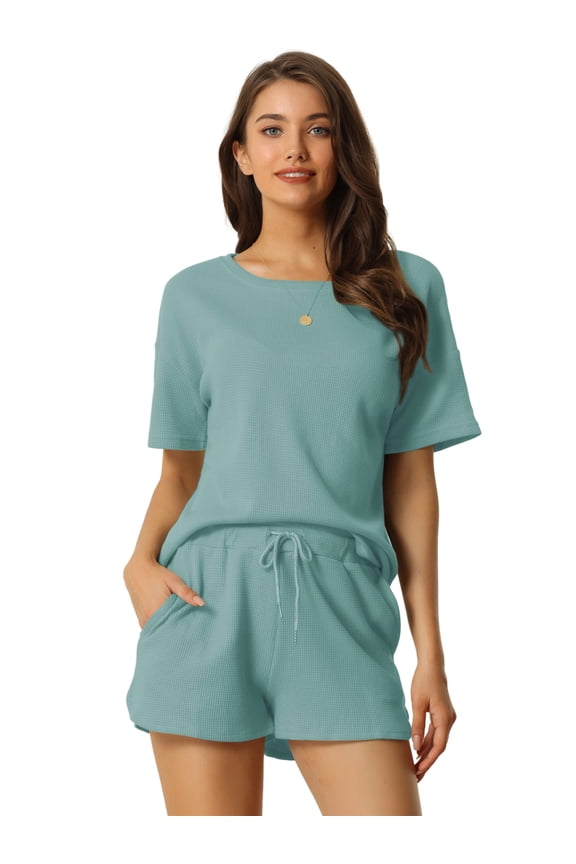 DARING DIVA Women's Short Sleeve Solid Color Pullover Pajama Set L Lake Green