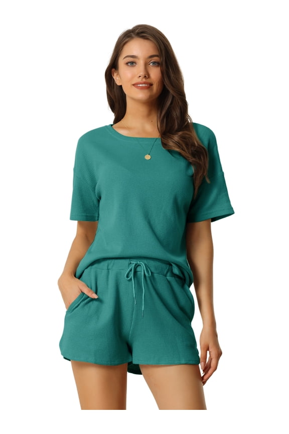 DARING DIVA Women's Short Sleeve Solid Color Pullover Pajama Set L Peacoke Green