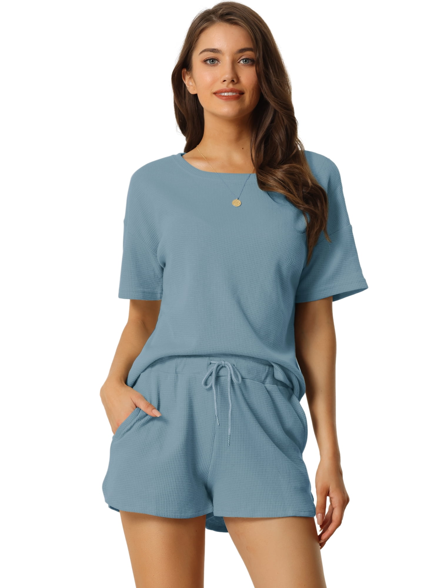 DARING DIVA Women's Short Sleeve Solid Color Pullover Pajama Set M Gray Blue