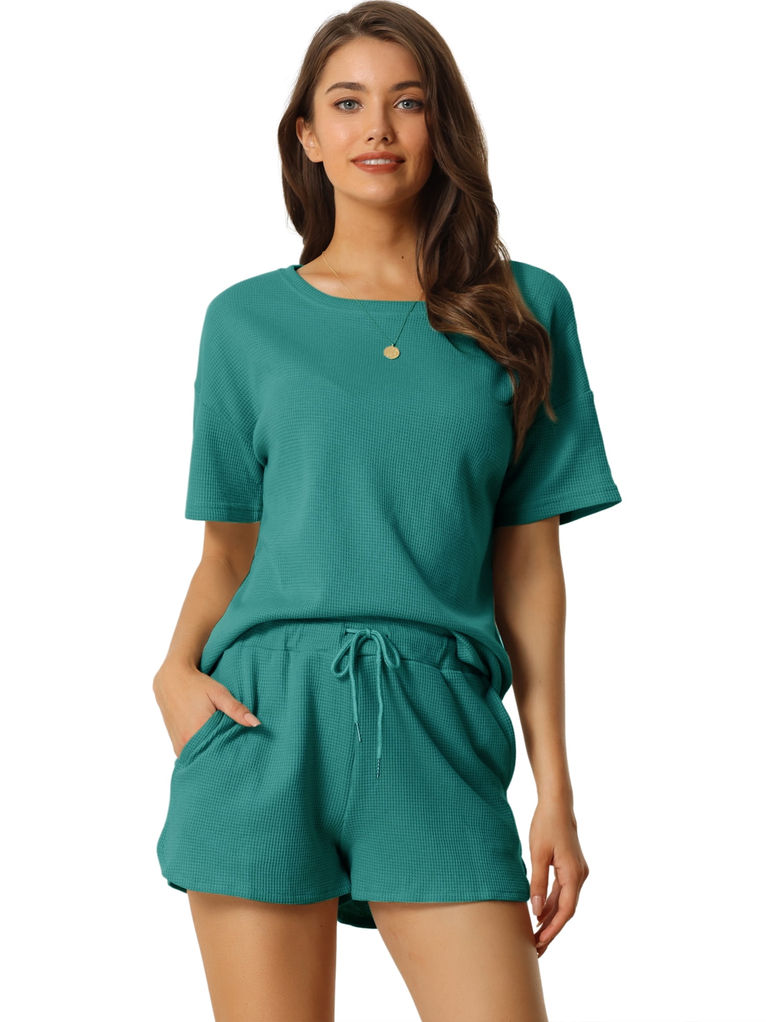 DARING DIVA Women's Short Sleeve Solid Color Pullover Pajama Set M Peacoke Green