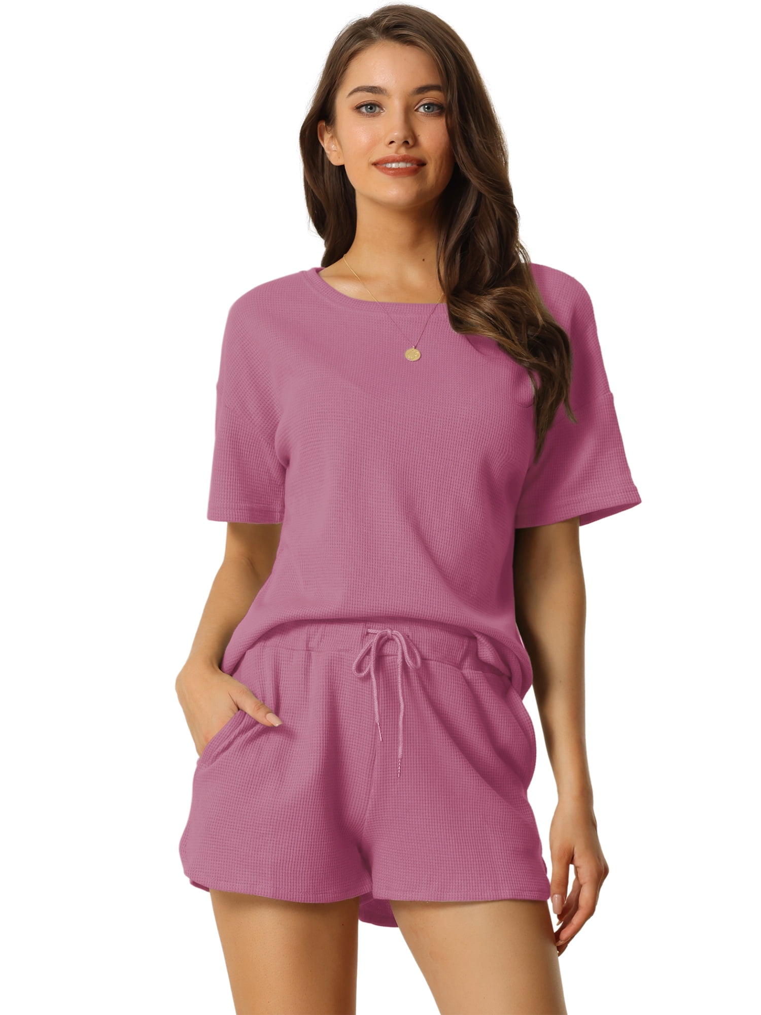 DARING DIVA Women's Short Sleeve Solid Color Pullover Pajama Set S Rose Red