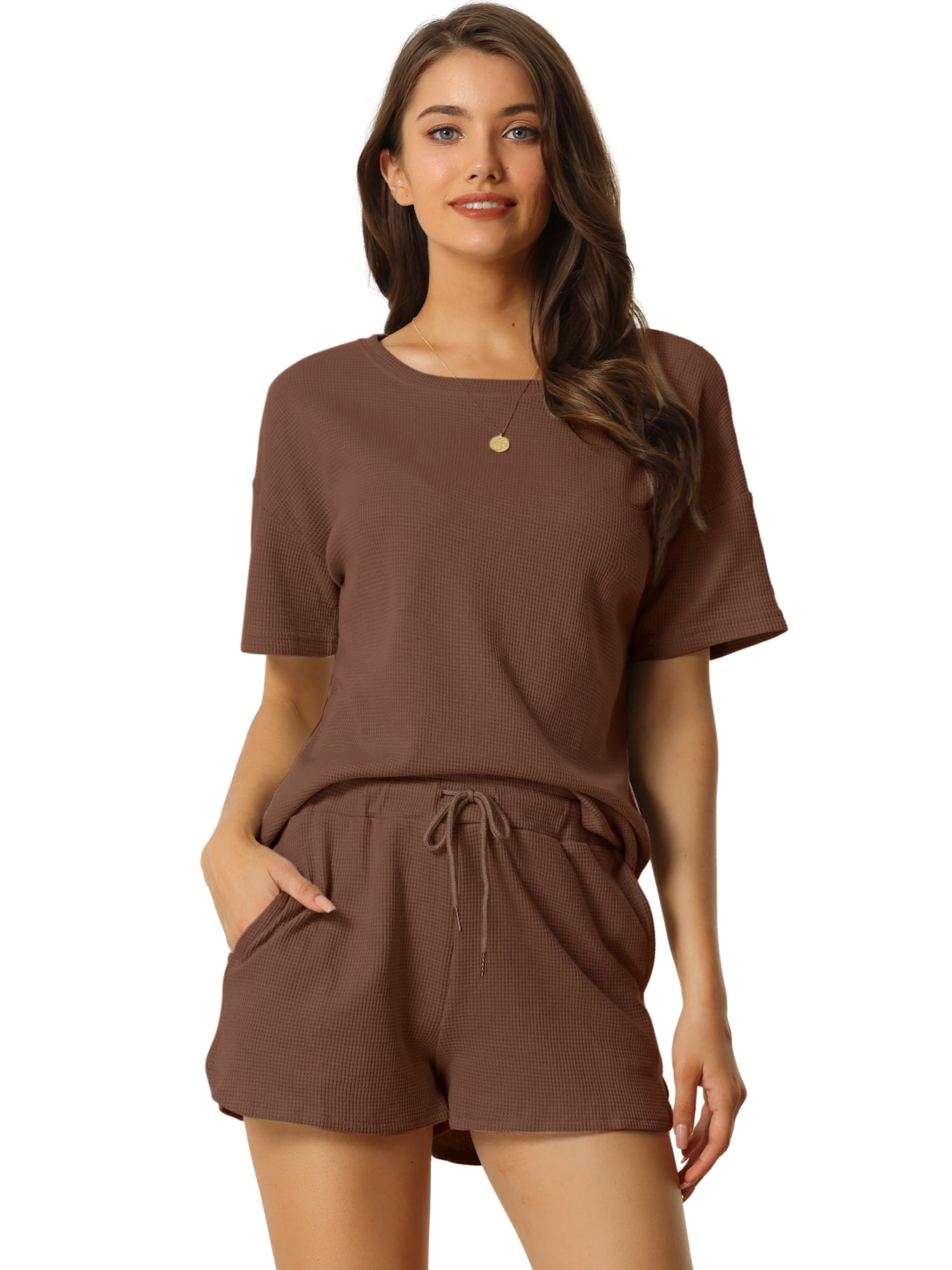 DARING DIVA Women's Short Sleeve Solid Color Pullover Pajama Set XL Coffee