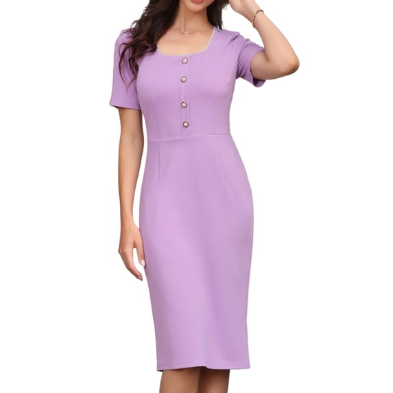 DARING DIVA Women's Short Sleeve Square Neck Button Sheath Dress for Office XL Purple