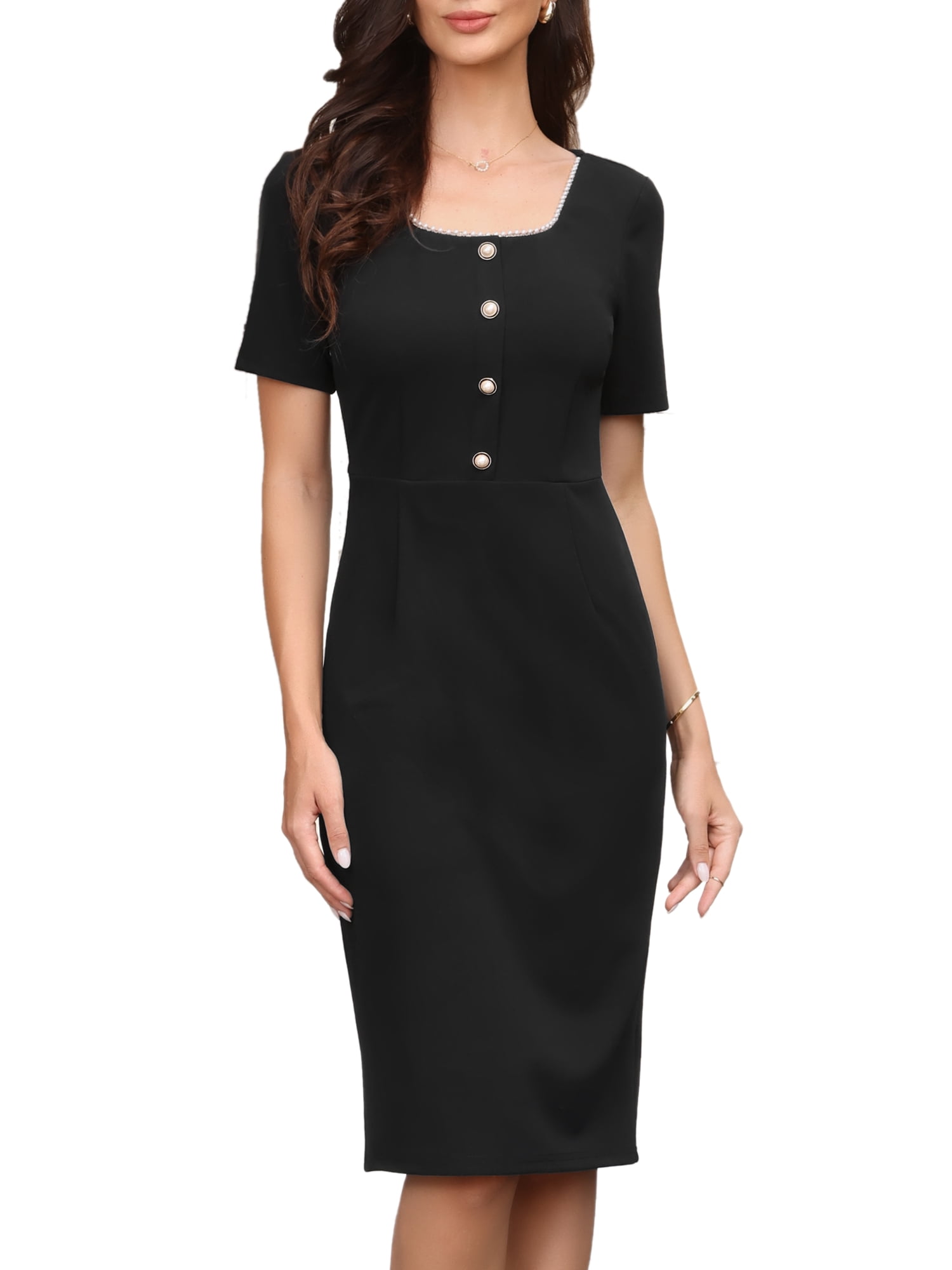 DARING DIVA Women's Short Sleeve Square Neck Button Sheath Dress for Work Office L Black