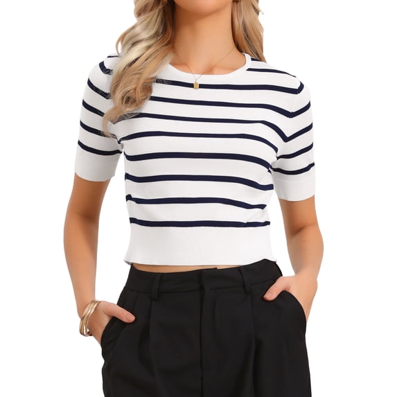 DARING DIVA Women's Short Sleeve Striped Crew Neck T Shirts M Navy Striped