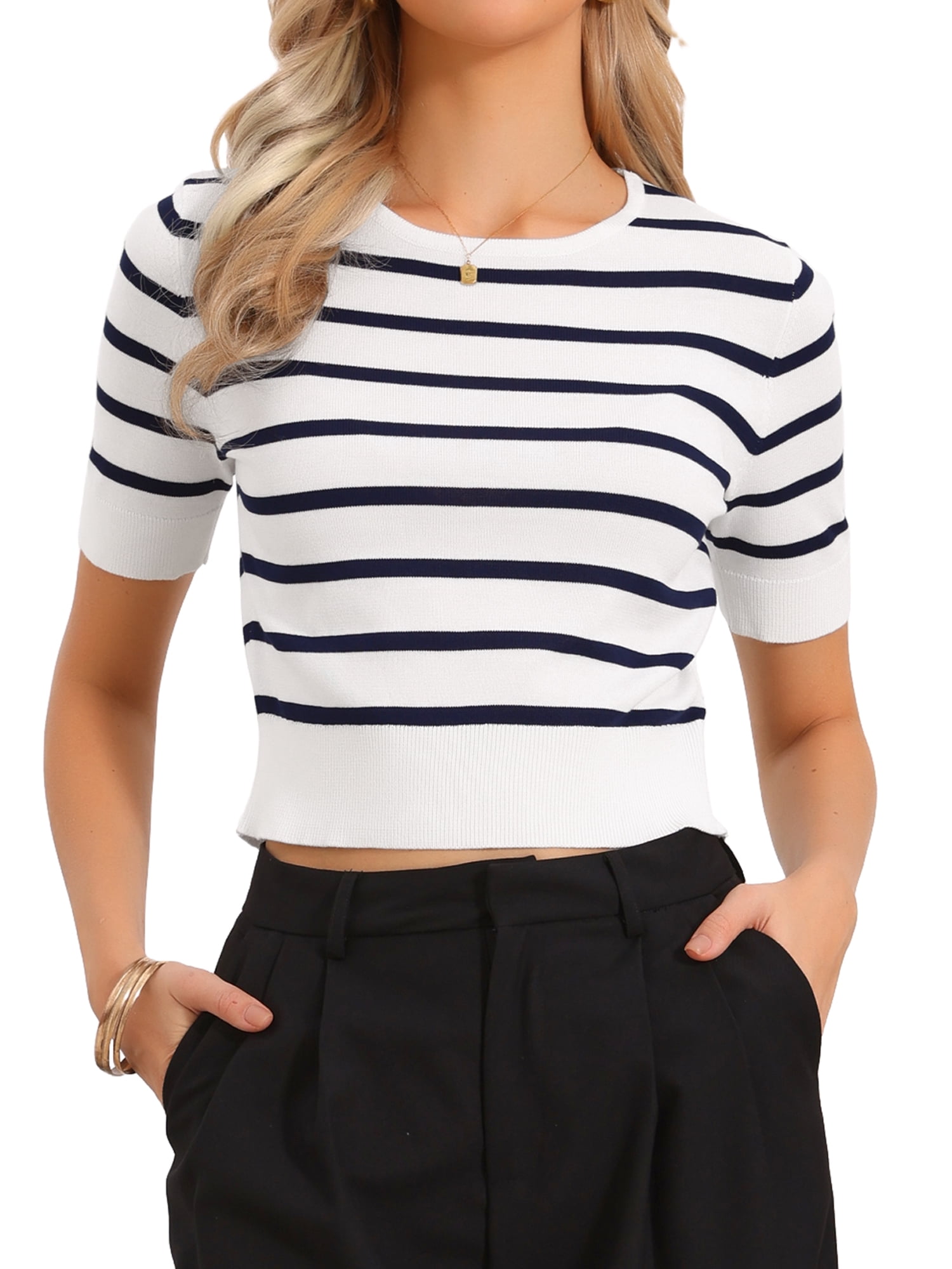 DARING DIVA Women's Short Sleeve Striped Crew Neck T Shirts S Navy Striped