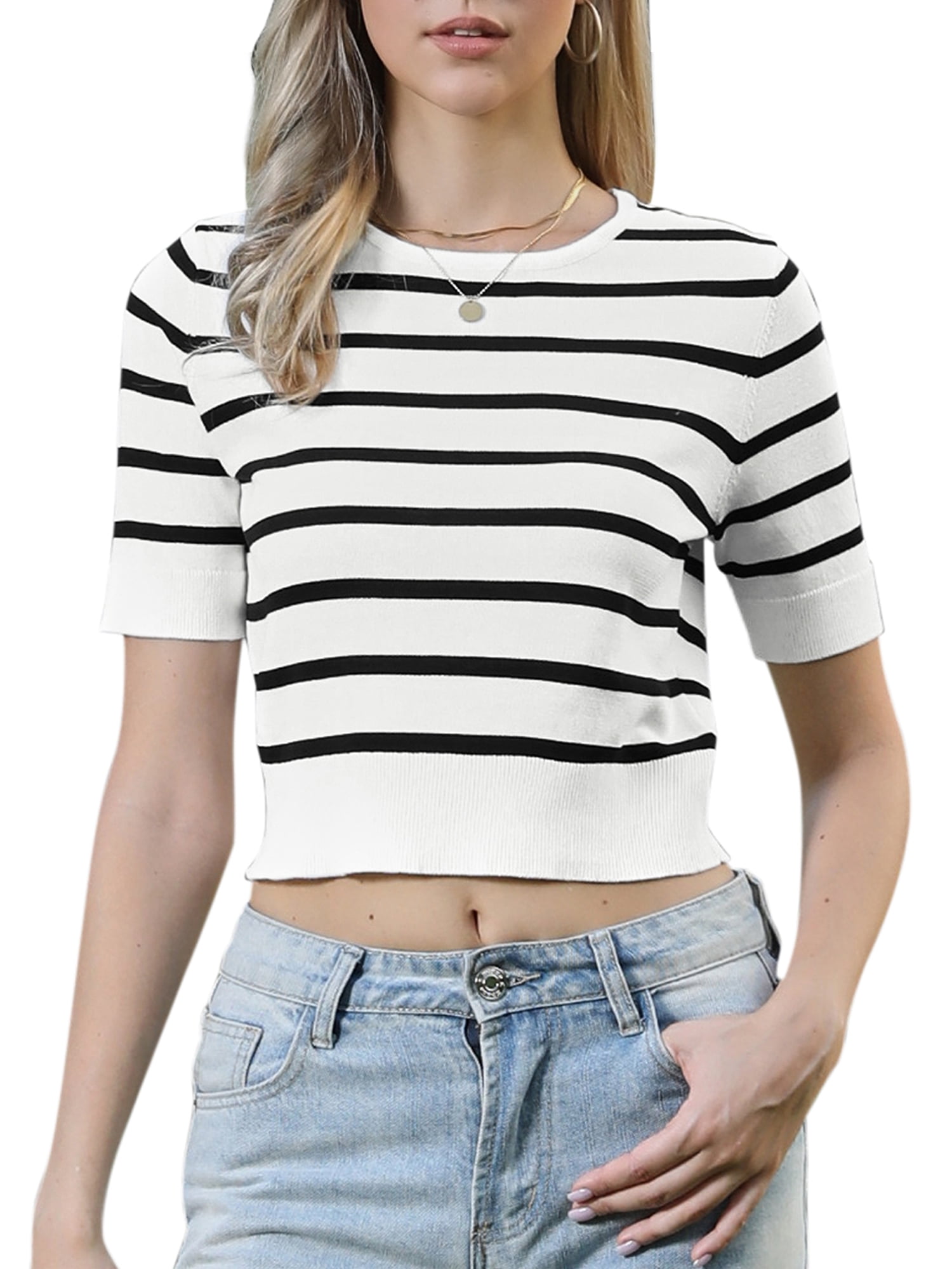 DARING DIVA Women's Short Sleeve Striped Crew Neck T Shirts XS Black Striped