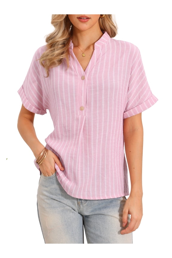 Women's Short Sleeve Striped Shirt Work V Neck Button Front Top XS Light Pink