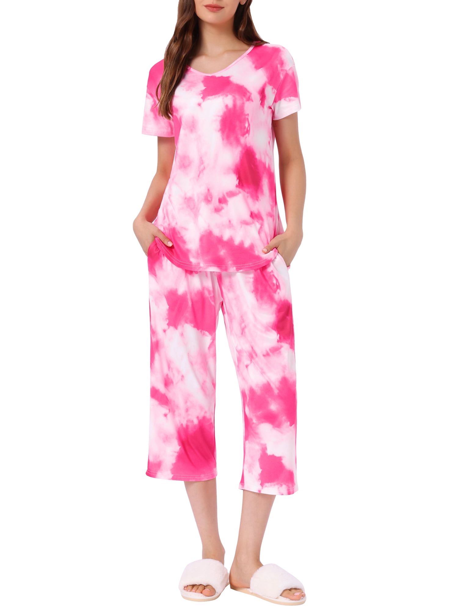 DARING DIVA Women's Short Sleeve Tie Dye Capri Pants with Pockets Loungewear 2XL Rose Red