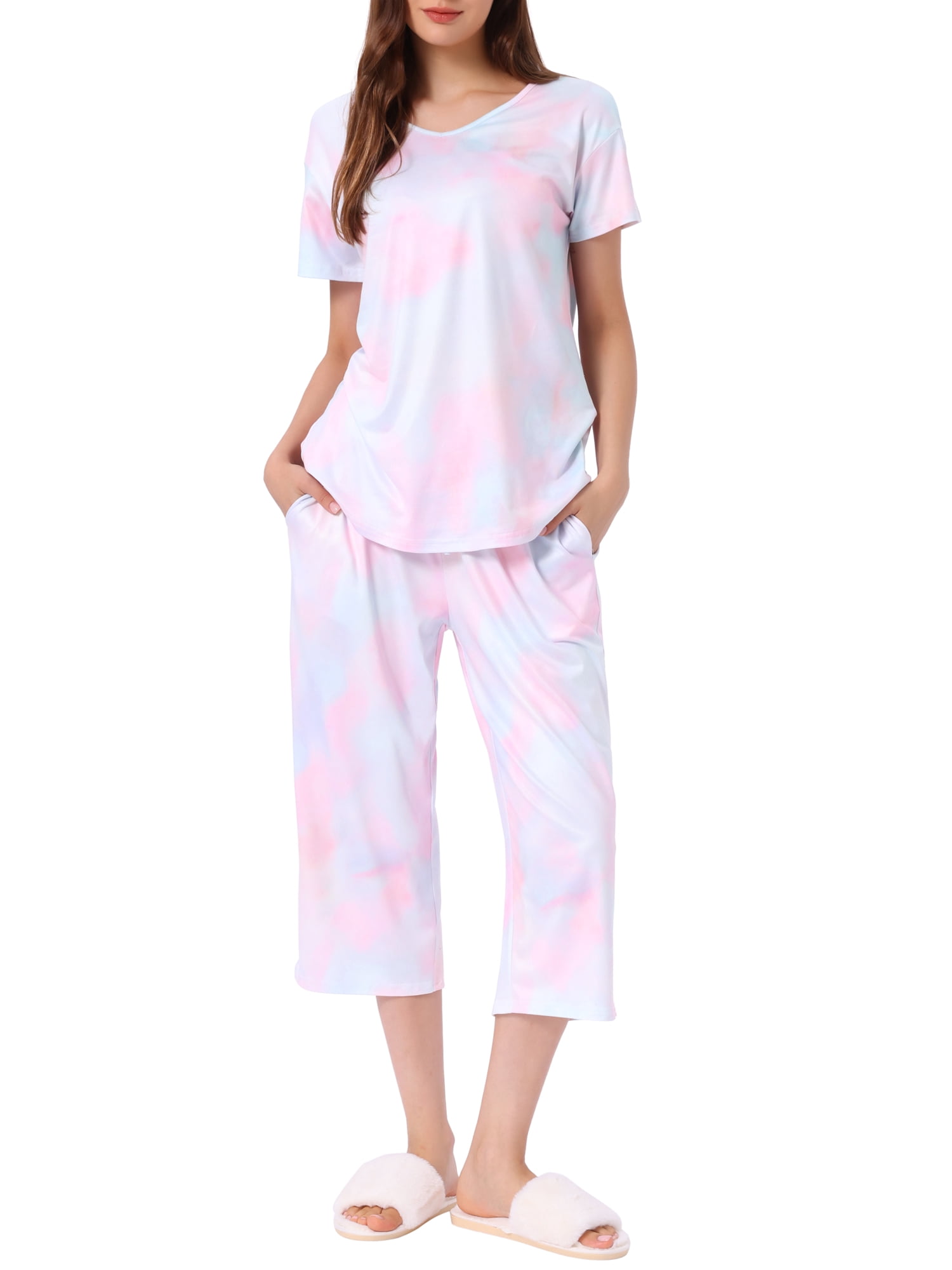 DARING DIVA Women's Short Sleeve Tie Dye Capri Pants with Pockets Loungewear L Pink