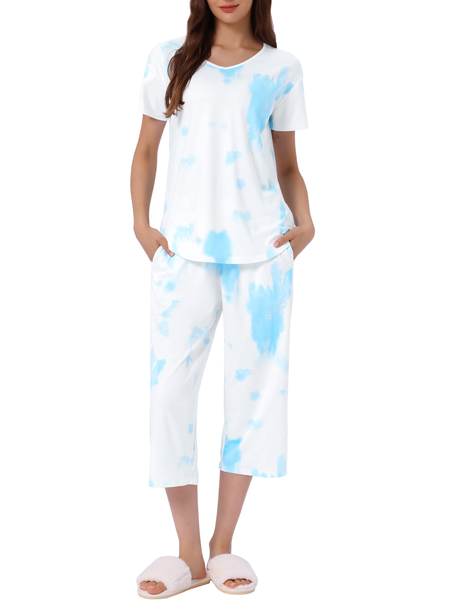 DARING DIVA Women's Short Sleeve Tie Dye Capri Pants with Pockets Loungewear S Blue White