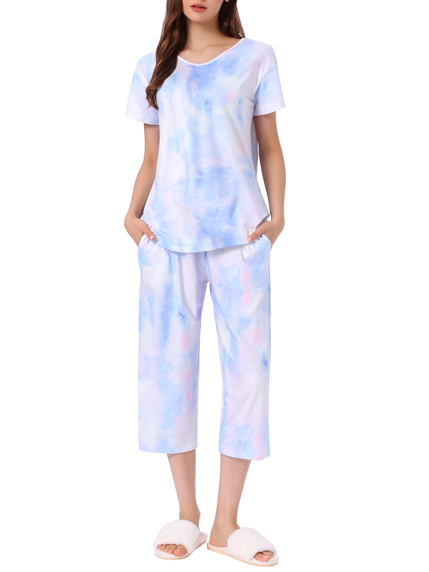 DARING DIVA Women's Short Sleeve Tie Dye Capri Pants with Pockets Loungewear S Multicolor