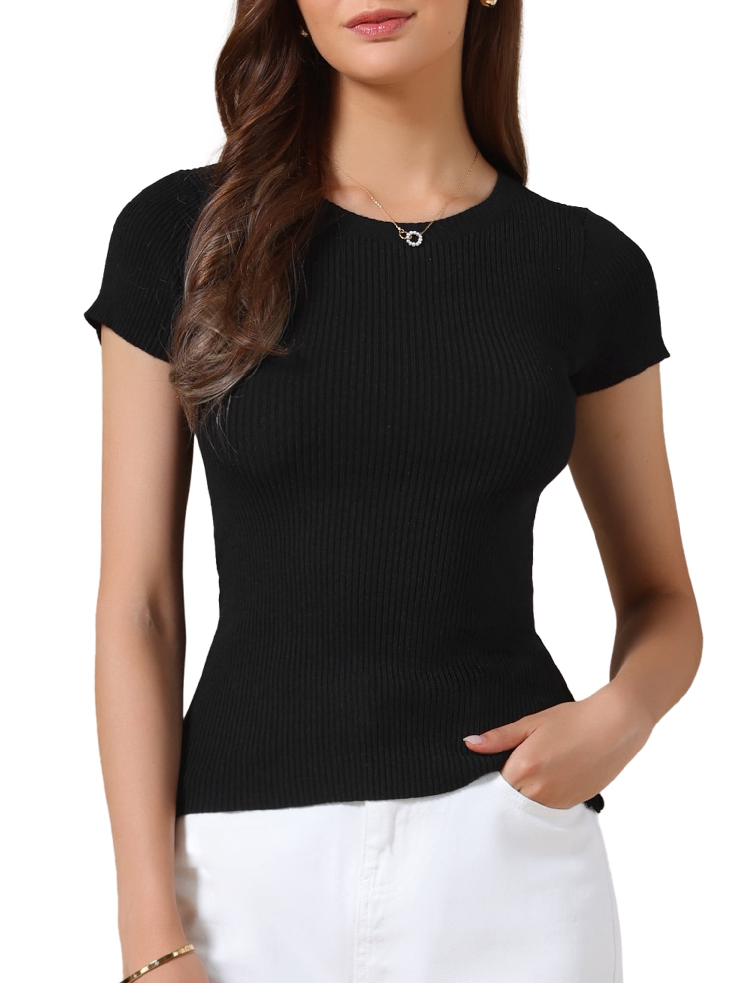 DARING DIVA Women's Short Sleeve Tops Summer Crewneck T-Shirt Ribbed Knit S Black