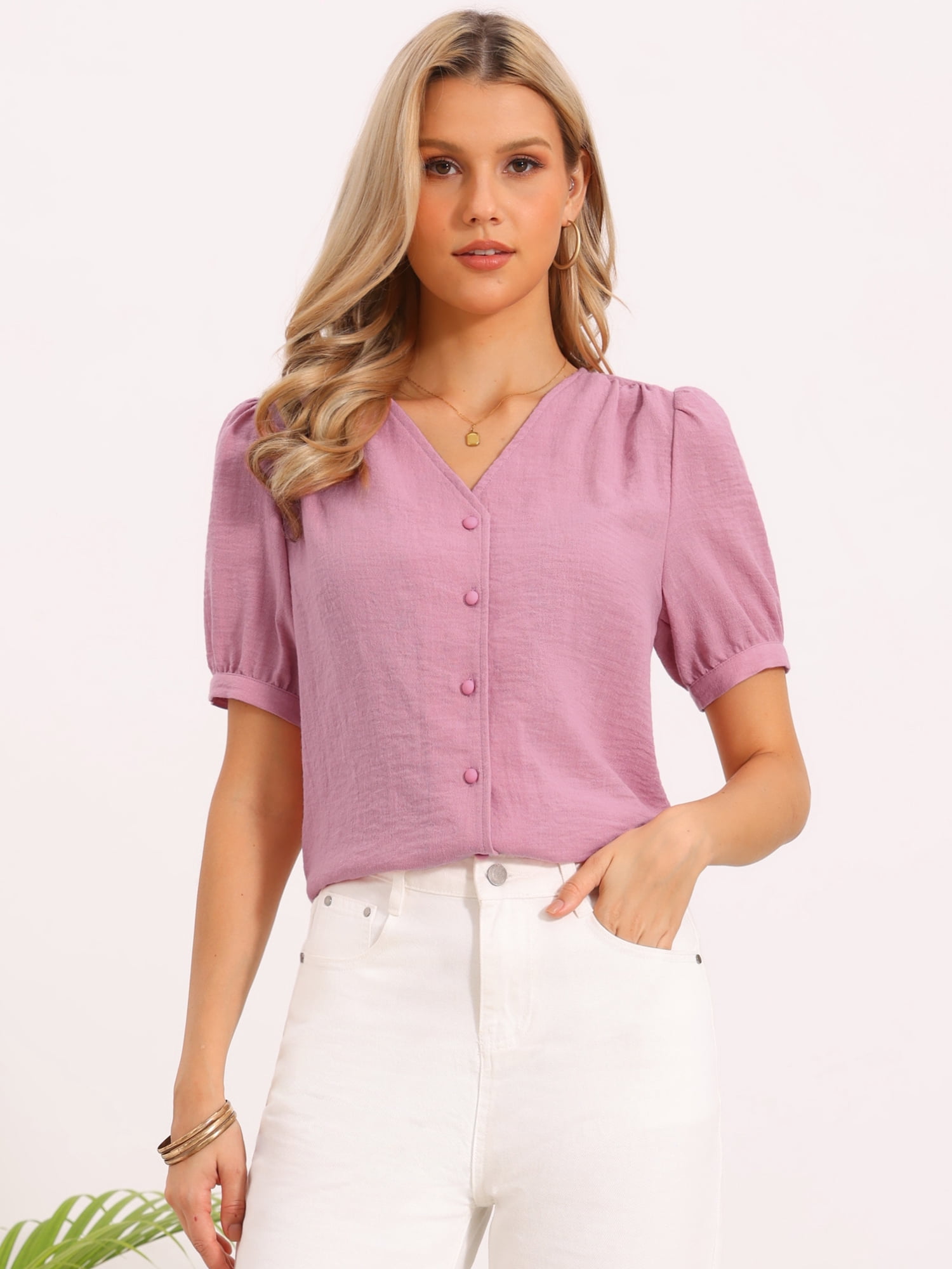 DARING DIVA Women's Short Sleeve Tops V Neck Button Down Dressy Casual Blouses XS Pink