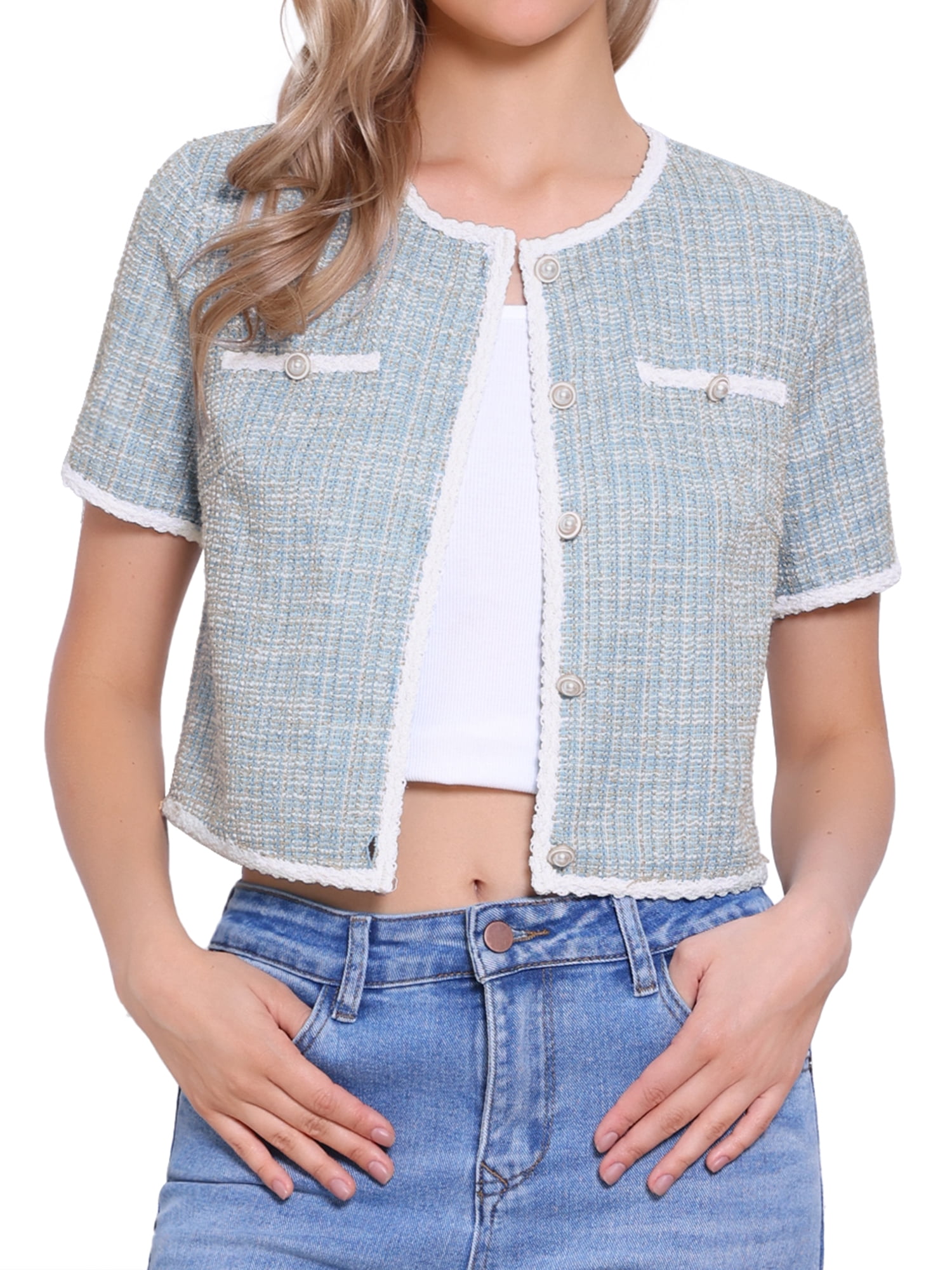 DARING DIVA Women's Short Sleeve Tweed Jacket Crew Neck Button Front Cropped Cardigan L Blue
