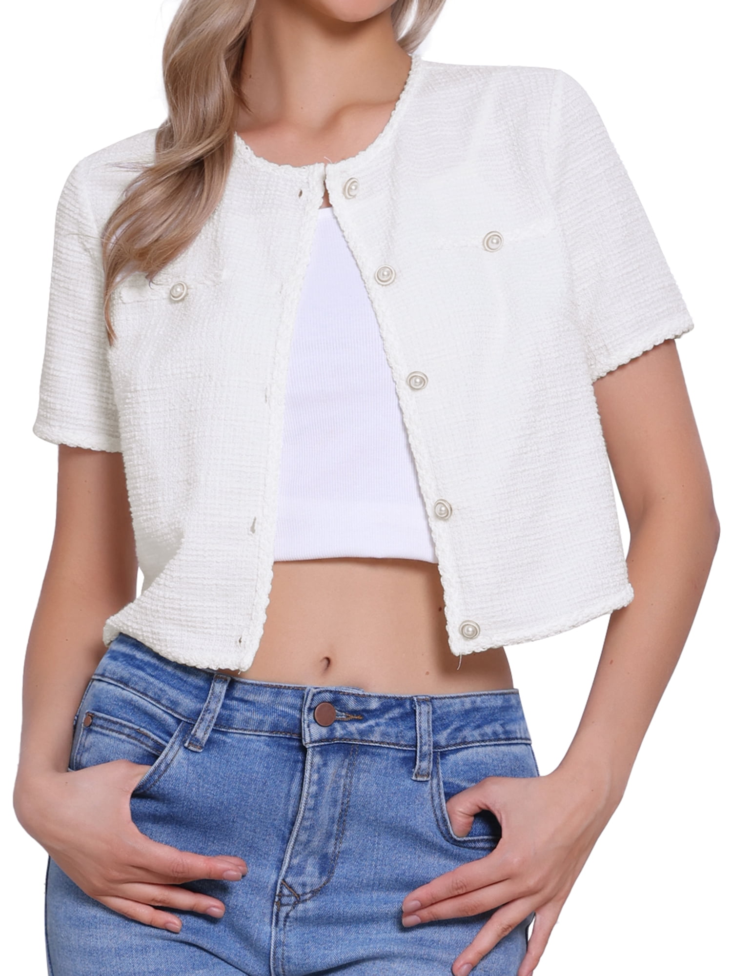 DARING DIVA Women's Short Sleeve Tweed Jacket Crew Neck Button Front Cropped Cardigan L White