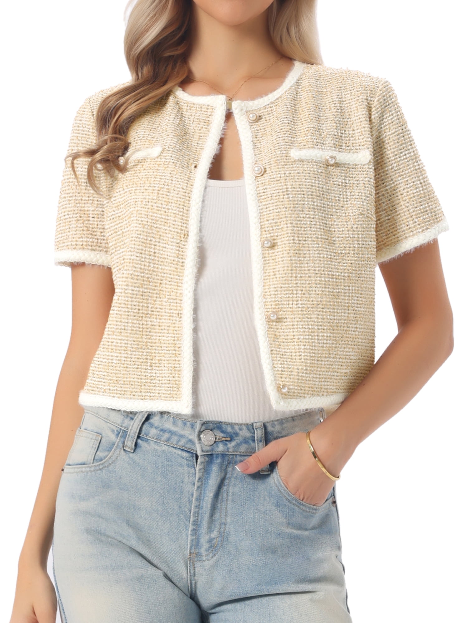 DARING DIVA Women's Short Sleeve Tweed Jacket Crew Neck Button Front Cropped Cardigan L Yellow