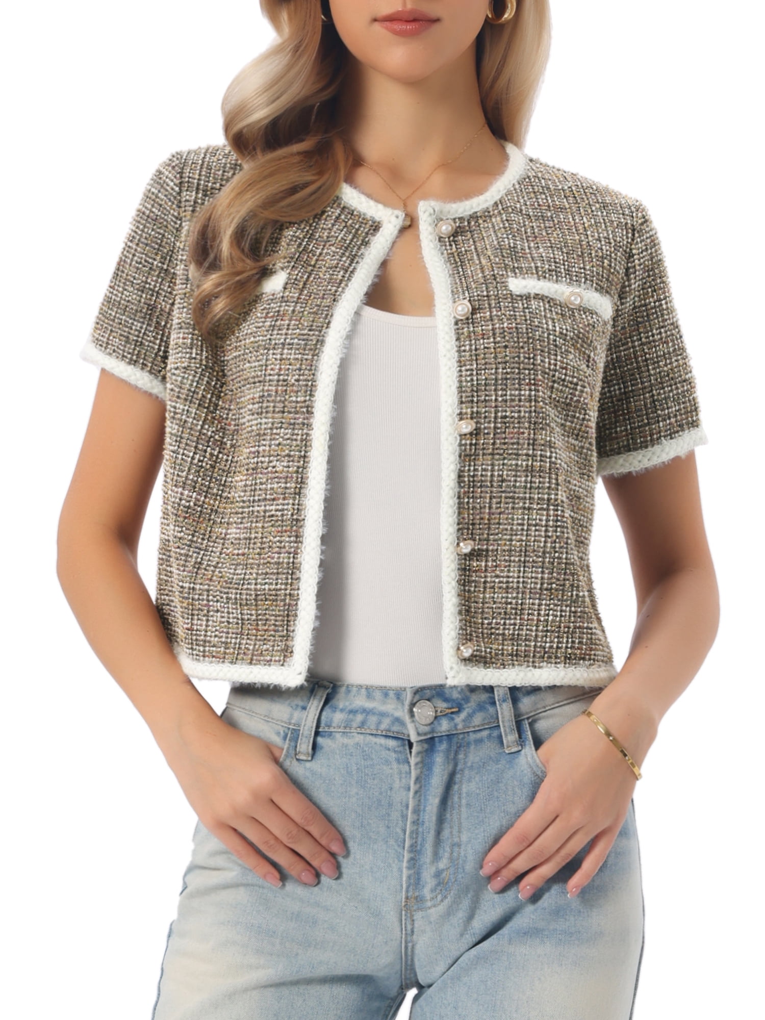 DARING DIVA Women's Short Sleeve Tweed Jacket Crew Neck Button Front Cropped Cardigan M Khaki Black