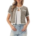 thumbnail image 1 of DARING DIVA Women's Short Sleeve Tweed Jacket Crew Neck Button Front Cropped Cardigan XL Khaki Black, 1 of 5