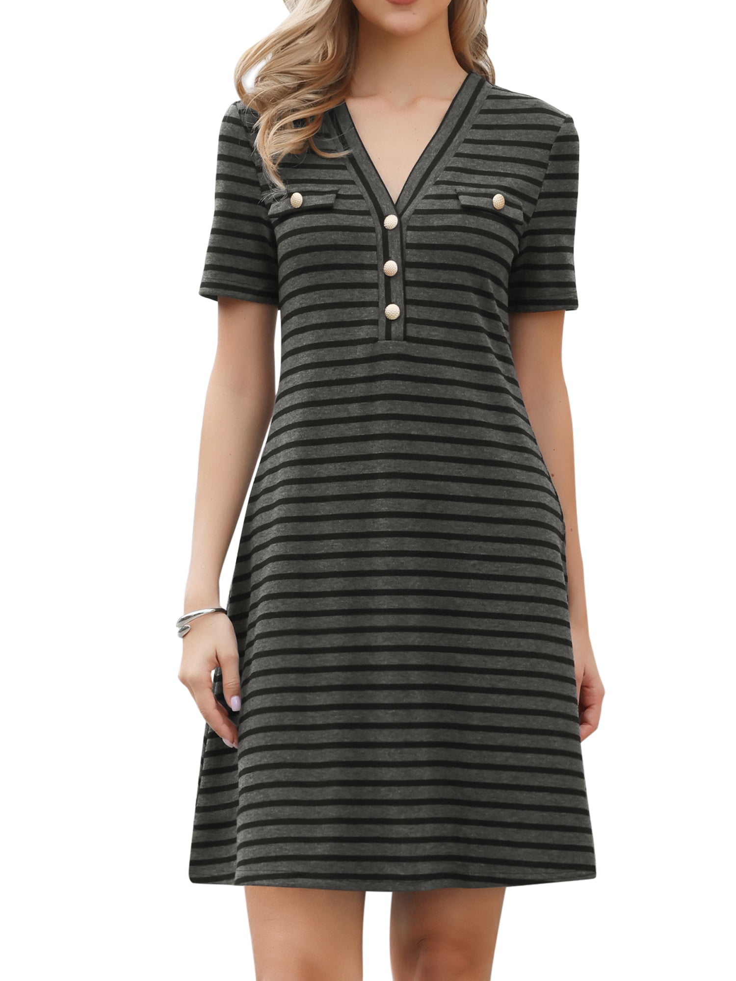DARING DIVA Women's Short Sleeve V Neck A-Line Striped Knit Dress XS Dark Gray