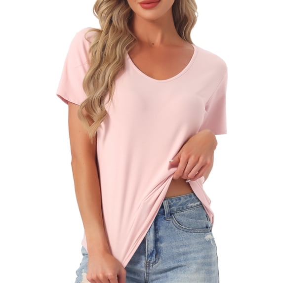 DARING DIVA Women's Short Sleeve V Neck Casual Tee L Pink