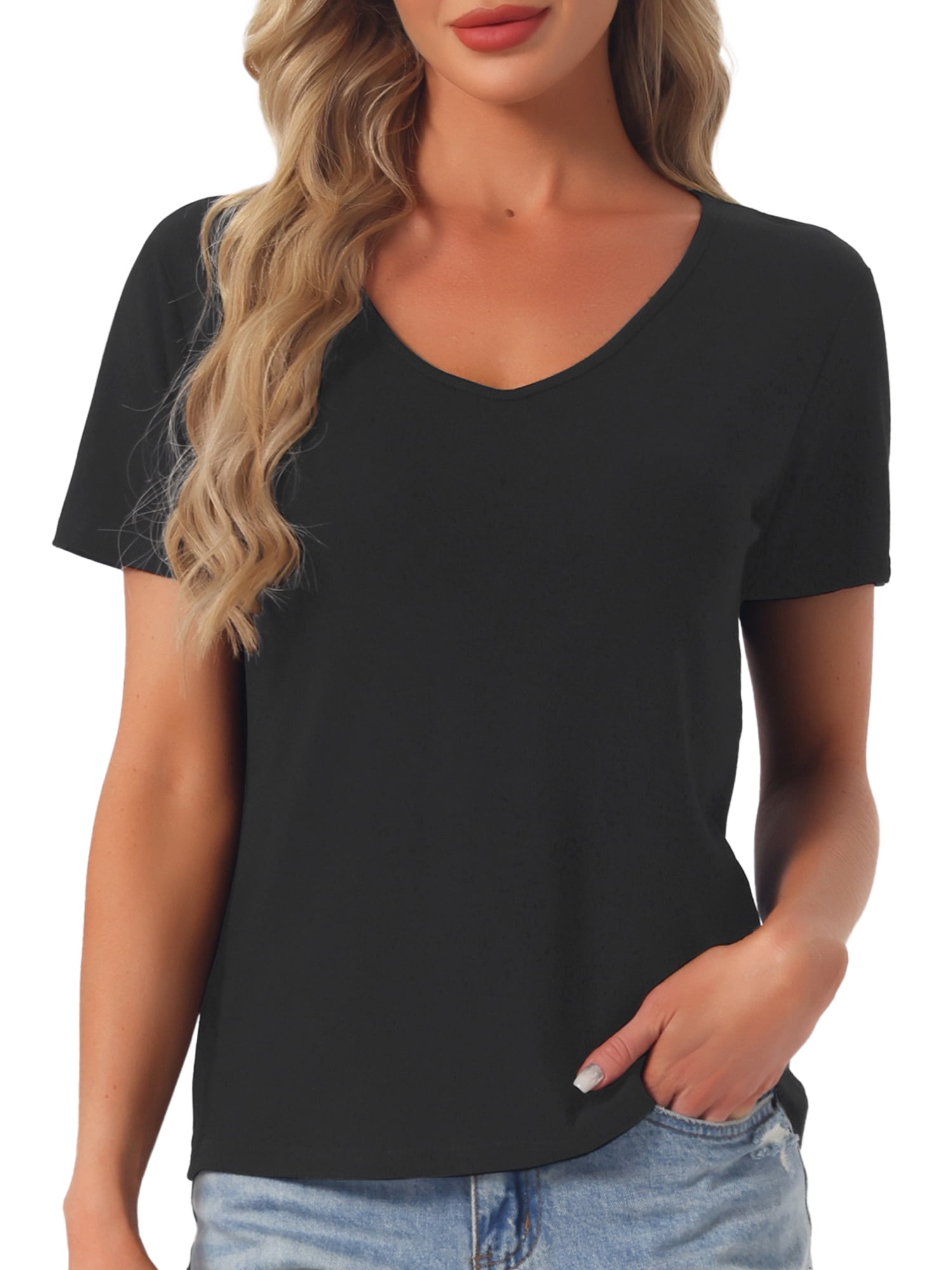 DARING DIVA Women's Short Sleeve V Neck Casual Tee S Black