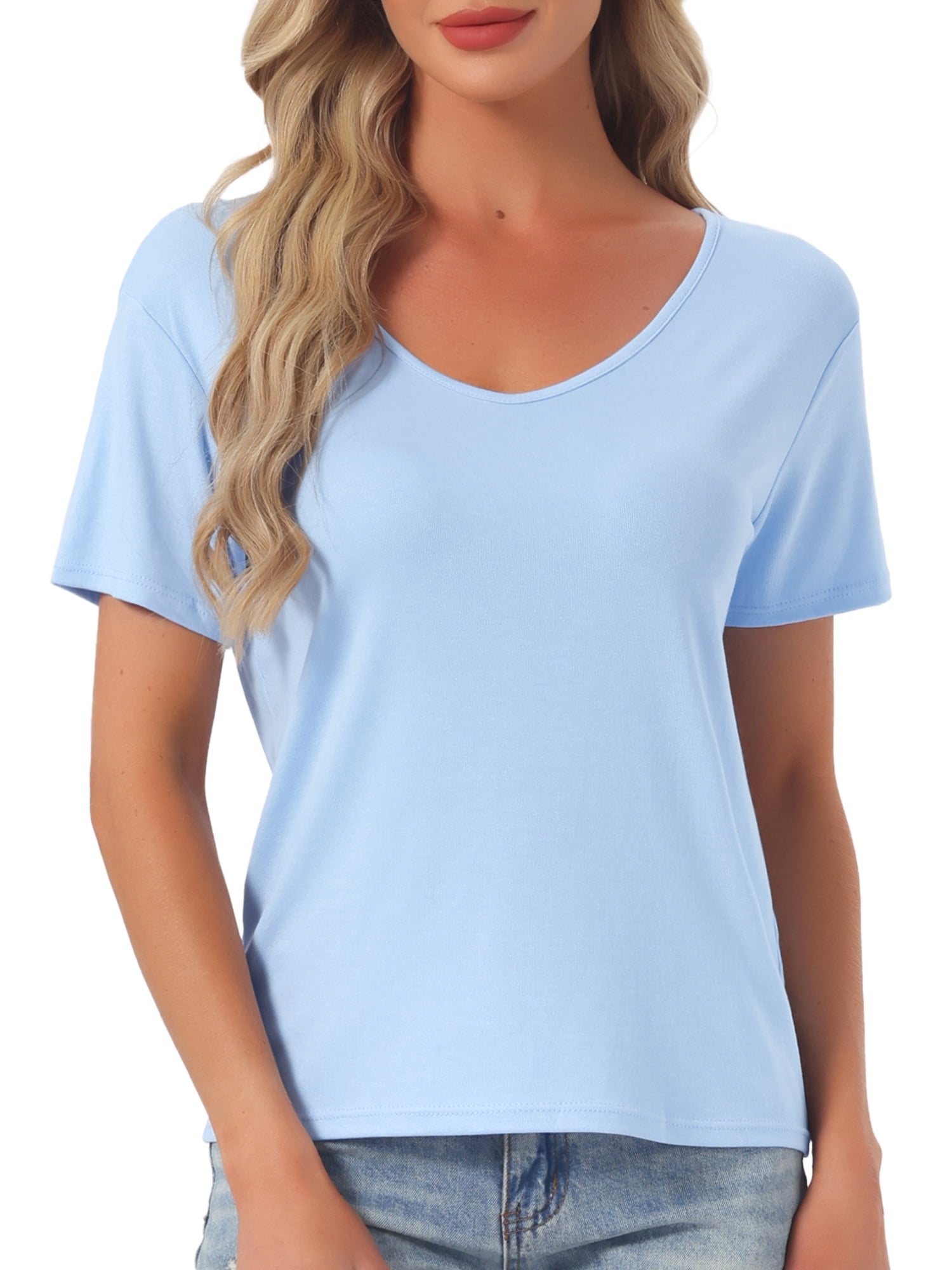 DARING DIVA Women's Short Sleeve V Neck Casual Tee S Blue