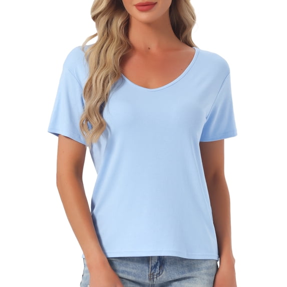 DARING DIVA Women's Short Sleeve V Neck Casual Tee S Blue