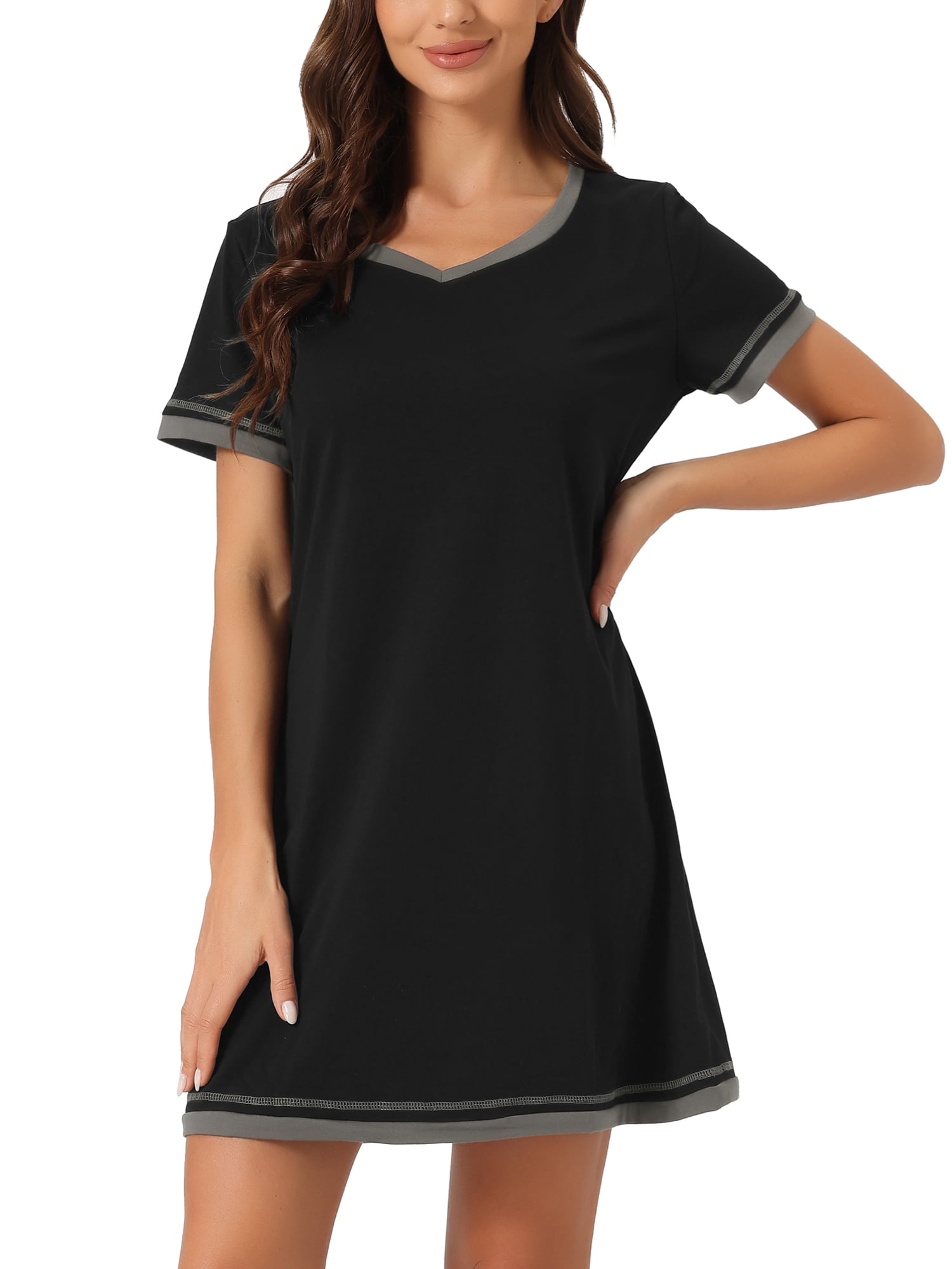 DARING DIVA Women's Short Sleeve V Neck Contrast Color Nightgown Sleepdress S Black