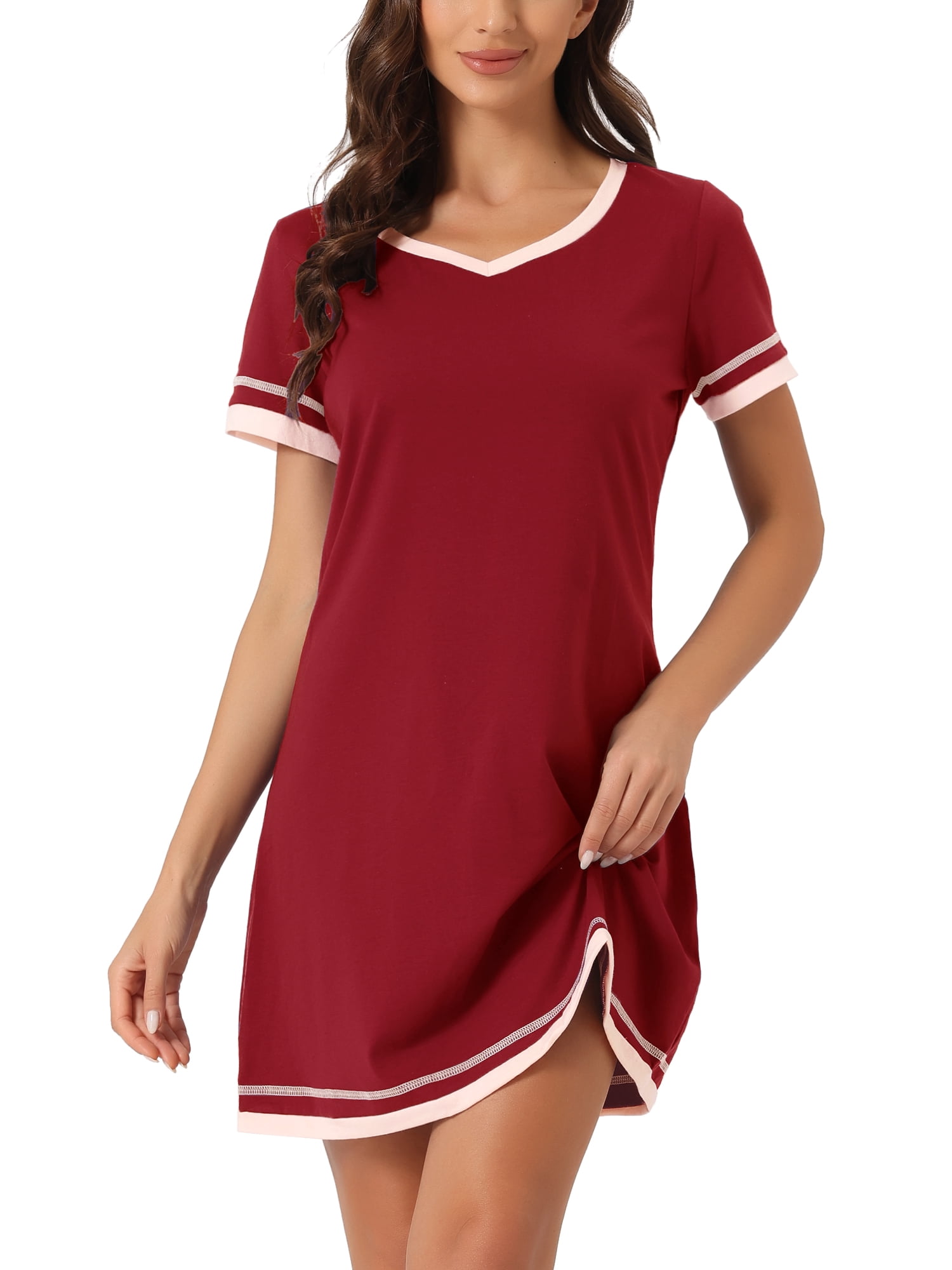 DARING DIVA Women's Short Sleeve V Neck Contrast Color Nightgown Sleepdress S Burgundy