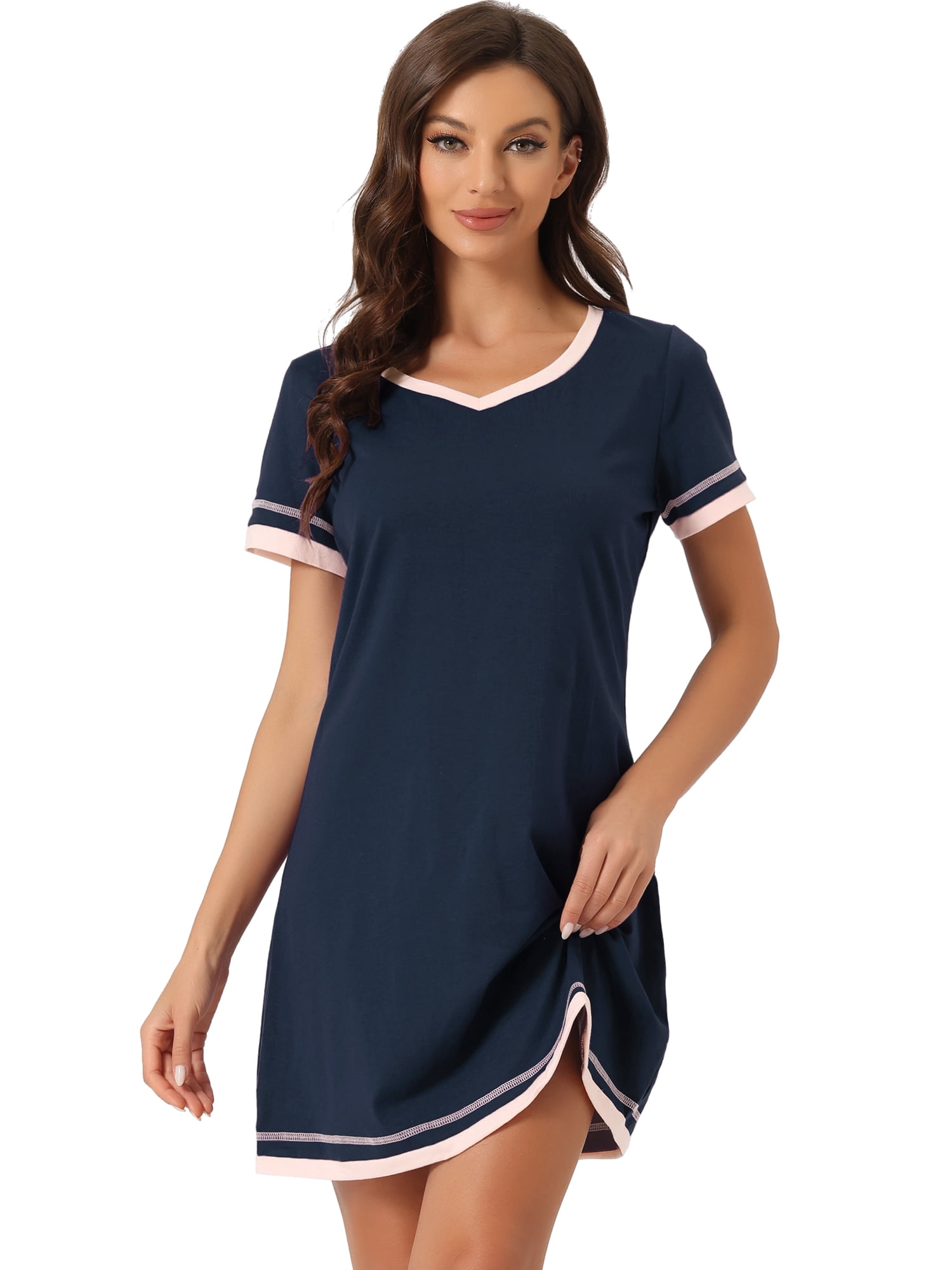 DARING DIVA Women's Short Sleeve V Neck Contrast Color Nightgown Sleepdress XS Navy