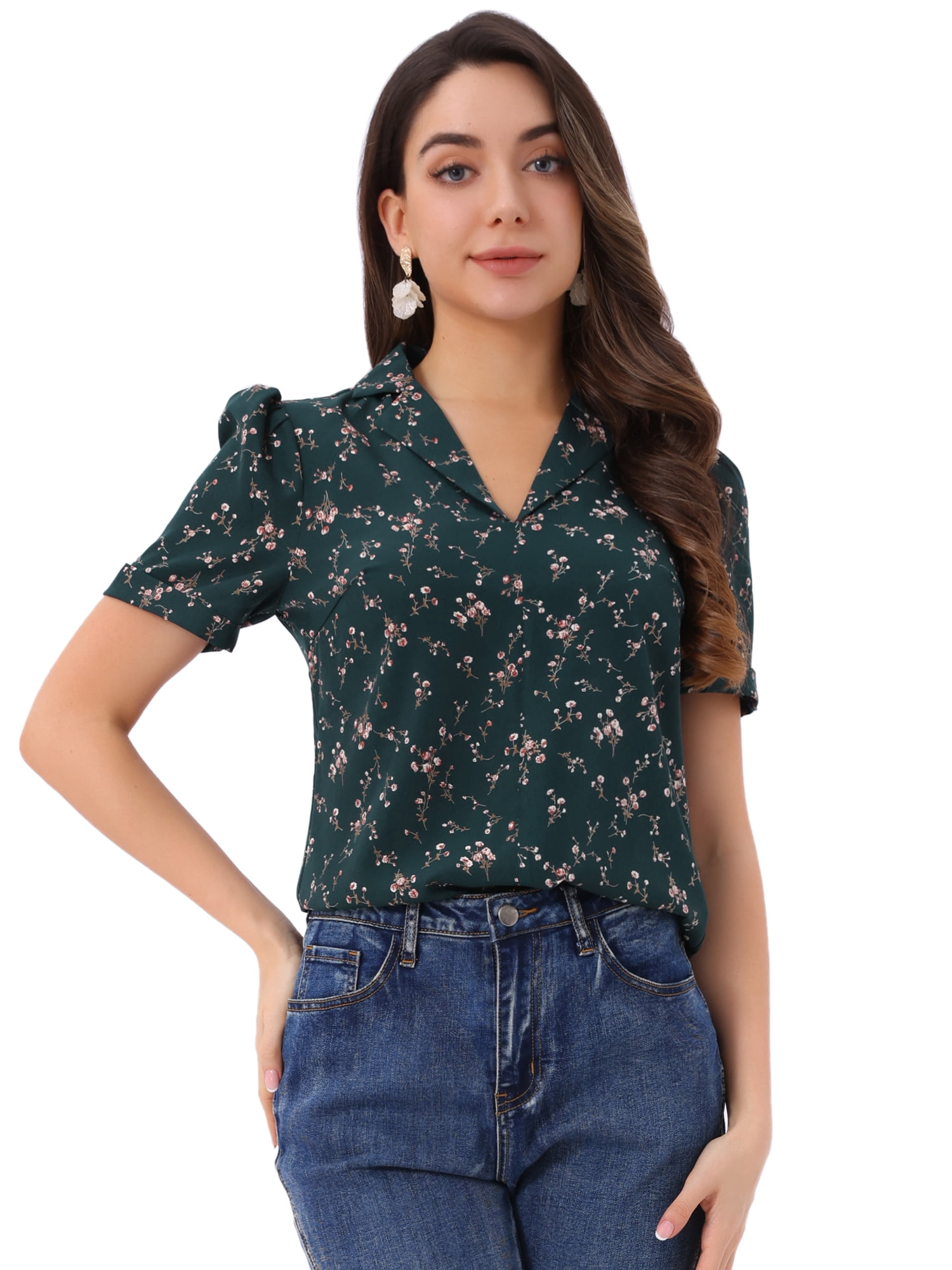 DARING DIVA Women's Short Sleeve V Neck Notch Lapel Collar Shirt L Dark Green