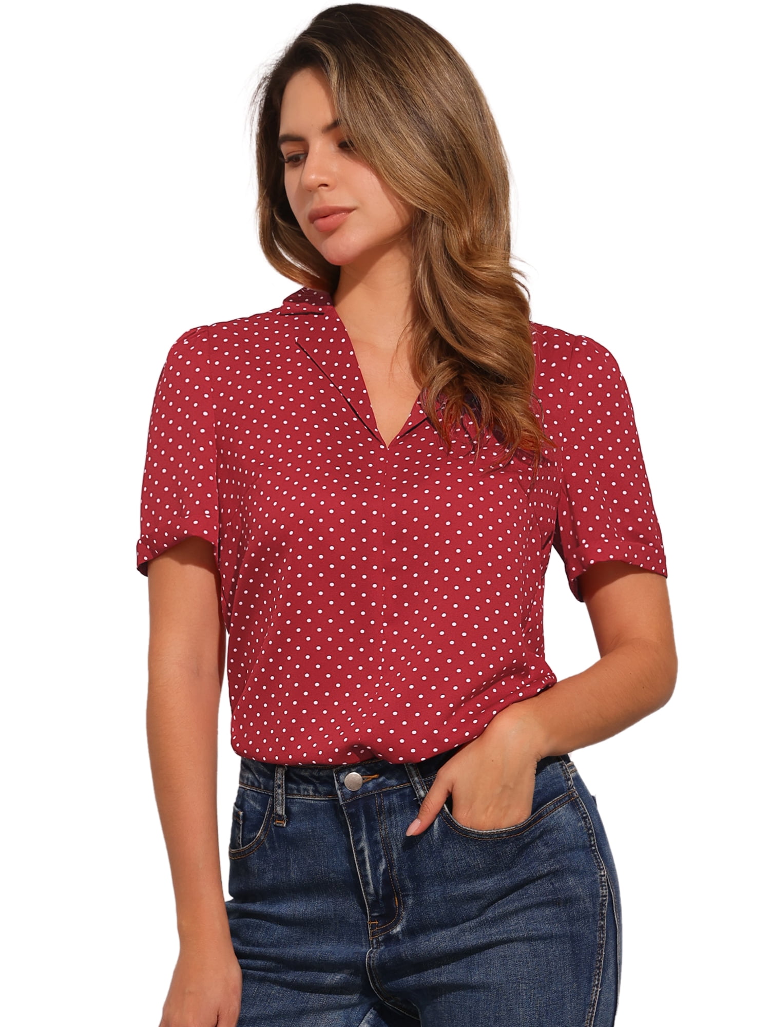 DARING DIVA Women's Short Sleeve V Neck Notch Lapel Collar Shirt L Red