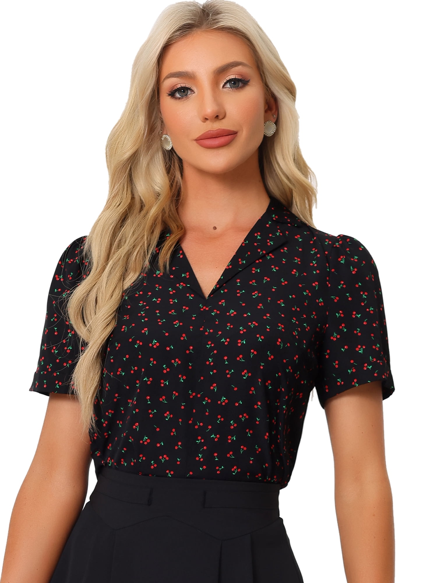 DARING DIVA Women's Short Sleeve V Neck Notch Lapel Collar Shirt S Black