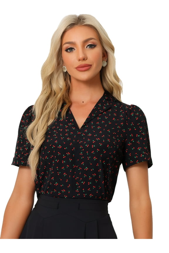 Women's Short Sleeve V Neck Notch Lapel Collar Shirt XS Black