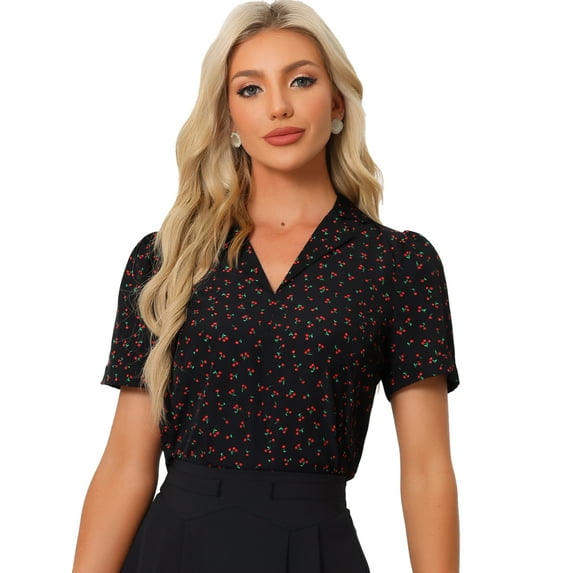 DARING DIVA Women's Short Sleeve V Neck Notch Lapel Collar Shirt XS Black