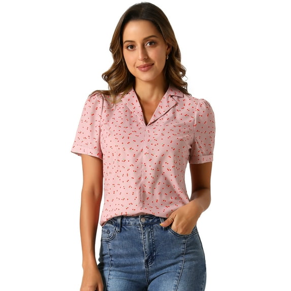 DARING DIVA Women's Short Sleeve V Neck Notch Lapel Collar Shirt XS Pink