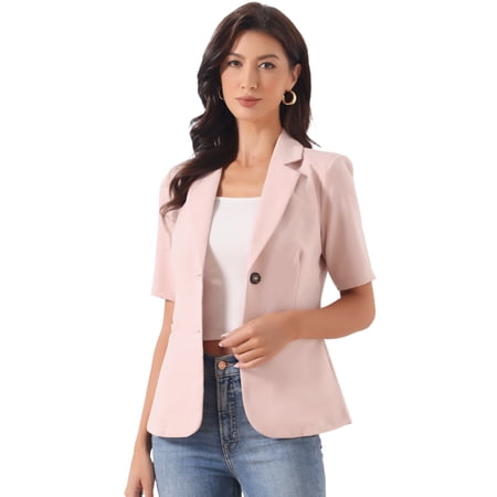 DARING DIVA Women's Short Sleever Notched Lapel Button Down Blazer Jacket M Pink