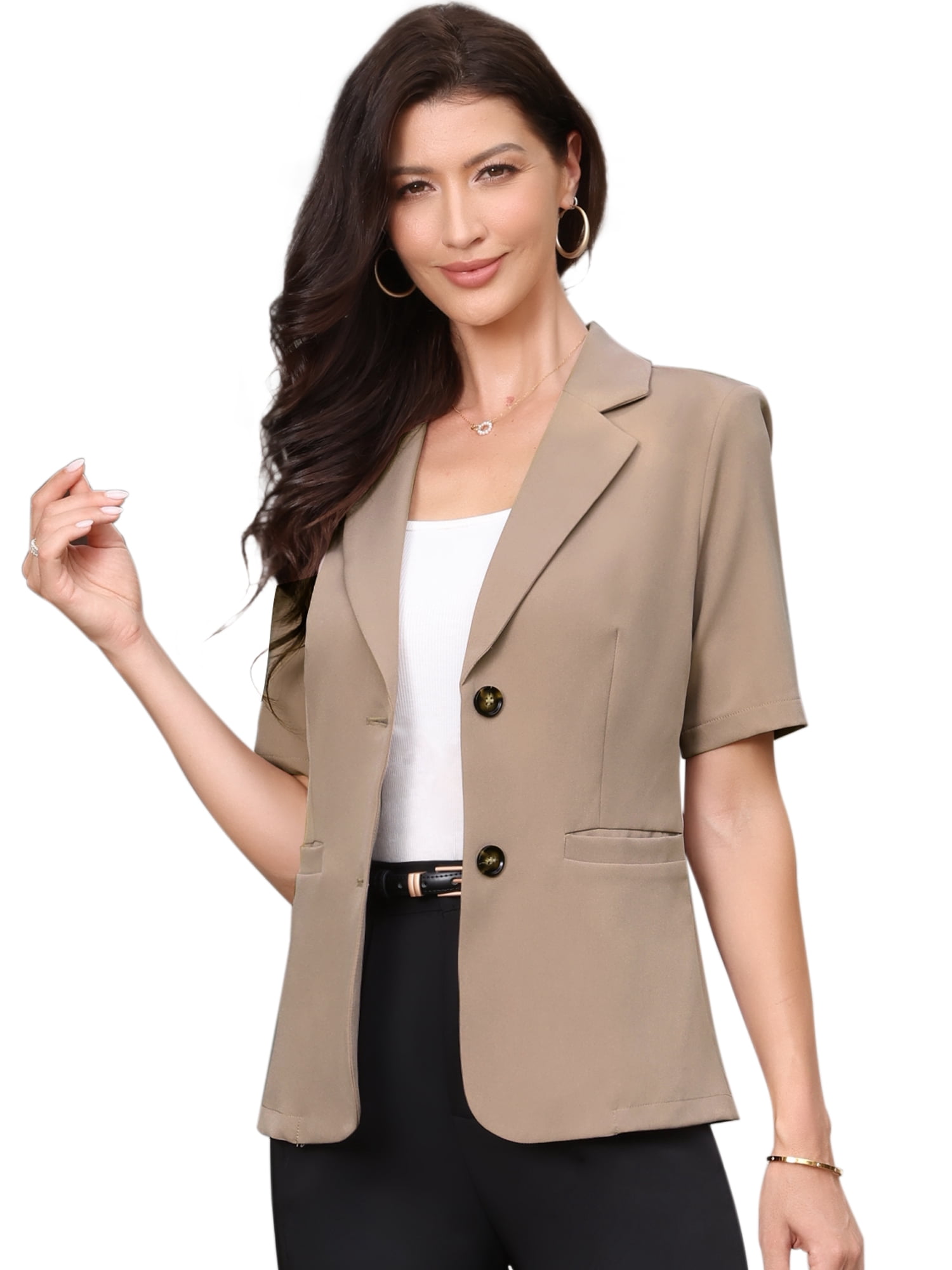 DARING DIVA Women's Short Sleever Notched Lapel Button Down Blazer Jacket S Camel