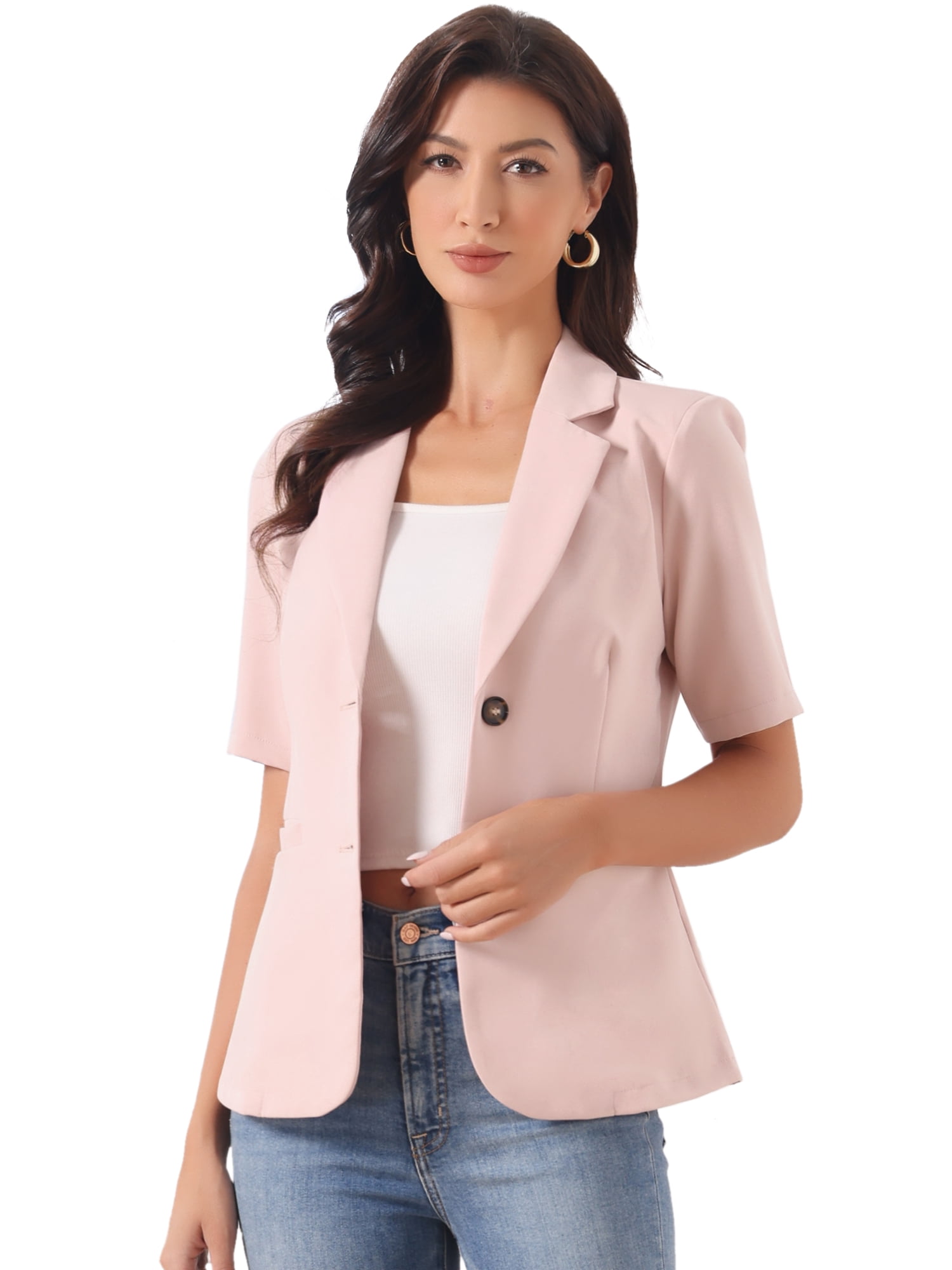 DARING DIVA Women's Short Sleever Notched Lapel Button Down Blazer Jacket S Pink