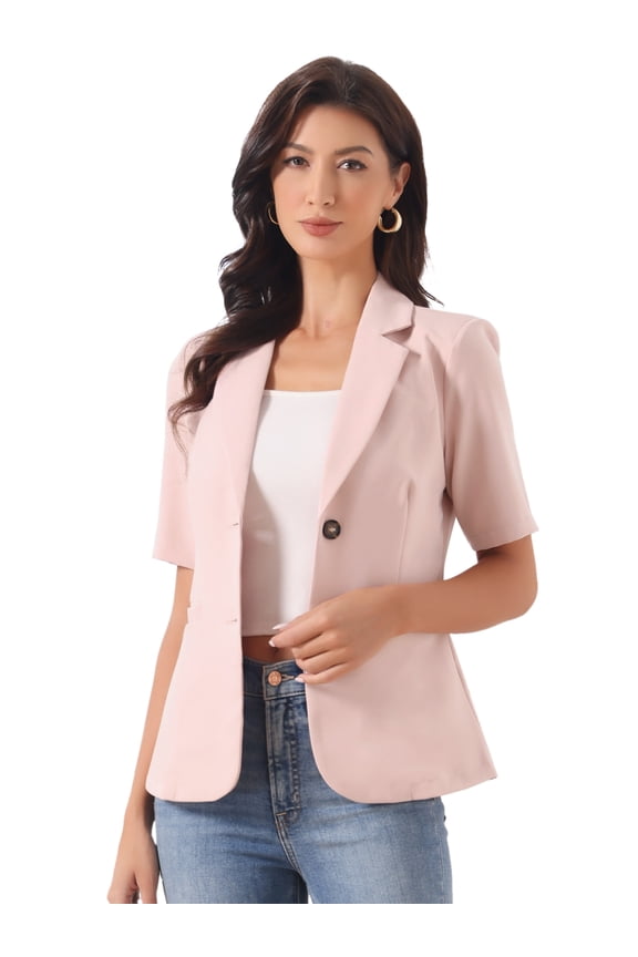 Women's Short Sleever Notched Lapel Button Down Blazer Jacket S Pink