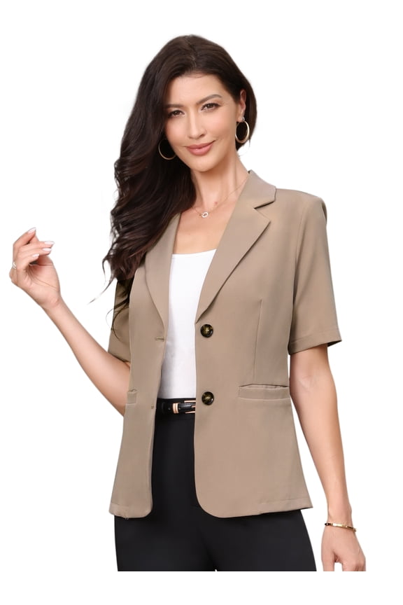 Women's Short Sleever Notched Lapel Button Down Blazer Jacket XS Camel