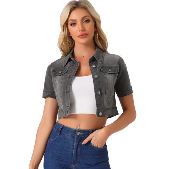 DARING DIVA Women's Short Sleeves Crop Button Down Denim Jacket L Dark Gray
