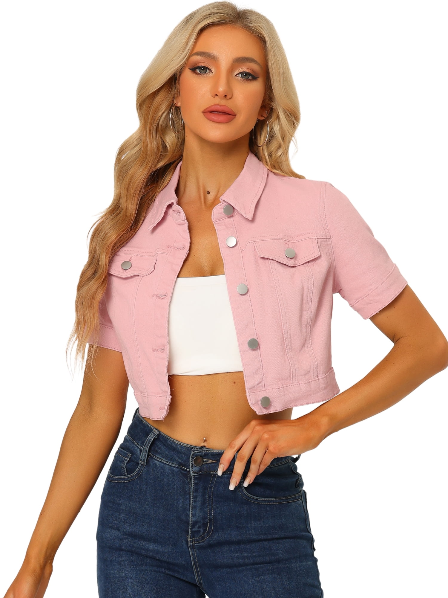 DARING DIVA Women's Short Sleeves Crop Button Down Denim Jacket L Pink