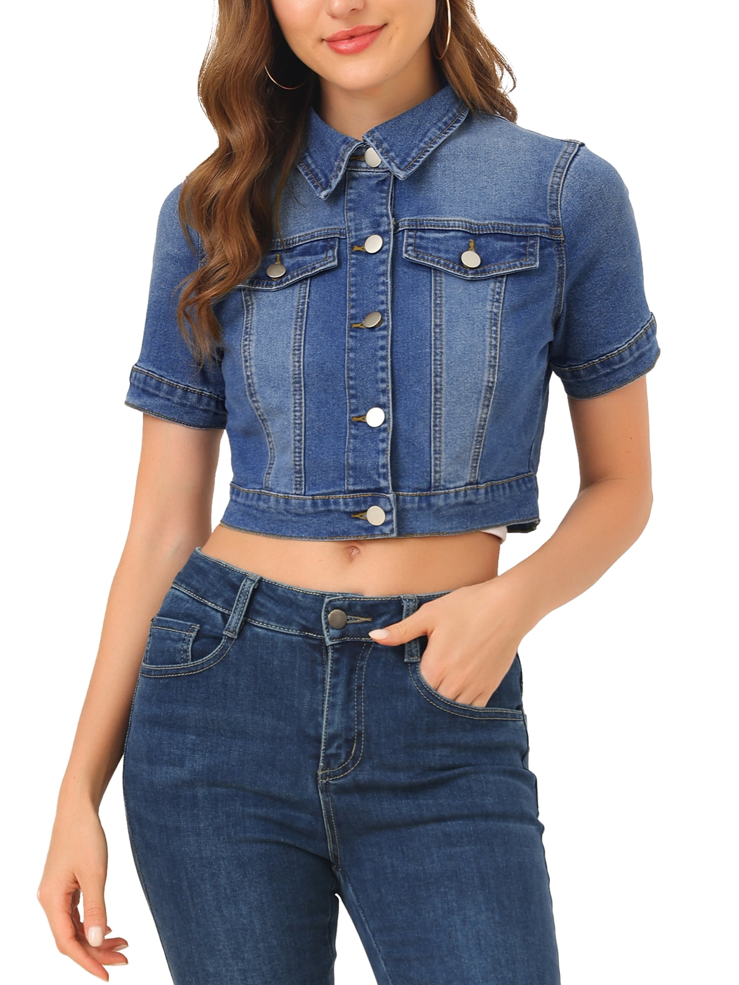 DARING DIVA Women's Short Sleeves Crop Button Down Denim Jacket M Blue