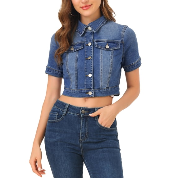 DARING DIVA Women's Short Sleeves Crop Button Down Denim Jacket M Blue